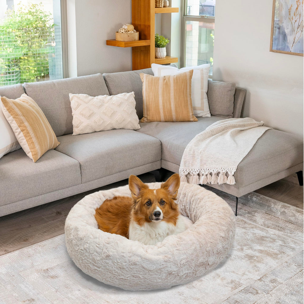 Best Friends by Sheri donut bed room scene complements neutral décor.