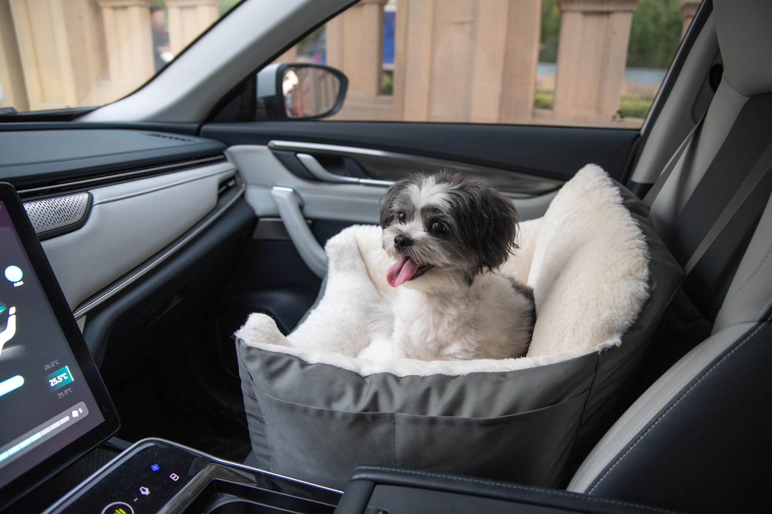 Best Pet Supplies Elevated Dog Car Seat front view with secure harness tether.