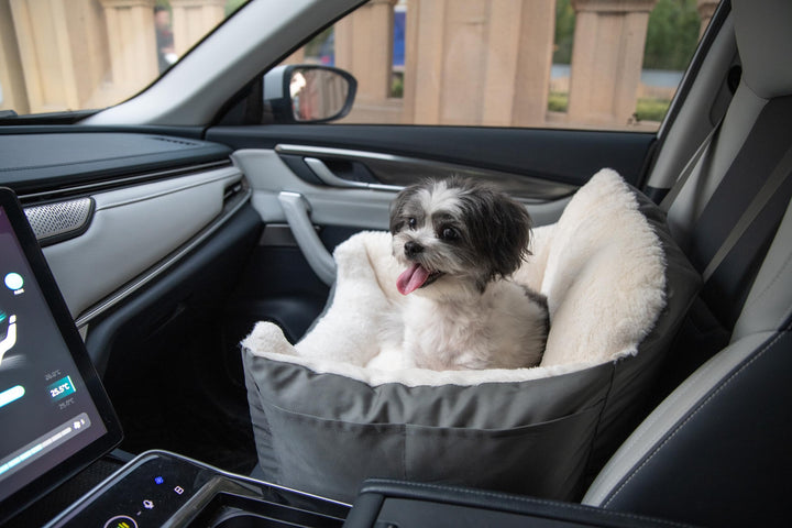 Best Pet Supplies Elevated Dog Car Seat front view with secure harness tether.