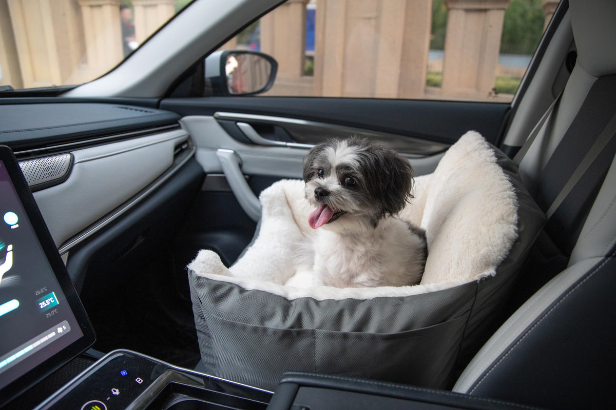 Best Pet Supplies Elevated Dog Car Seat front view with secure harness tether.