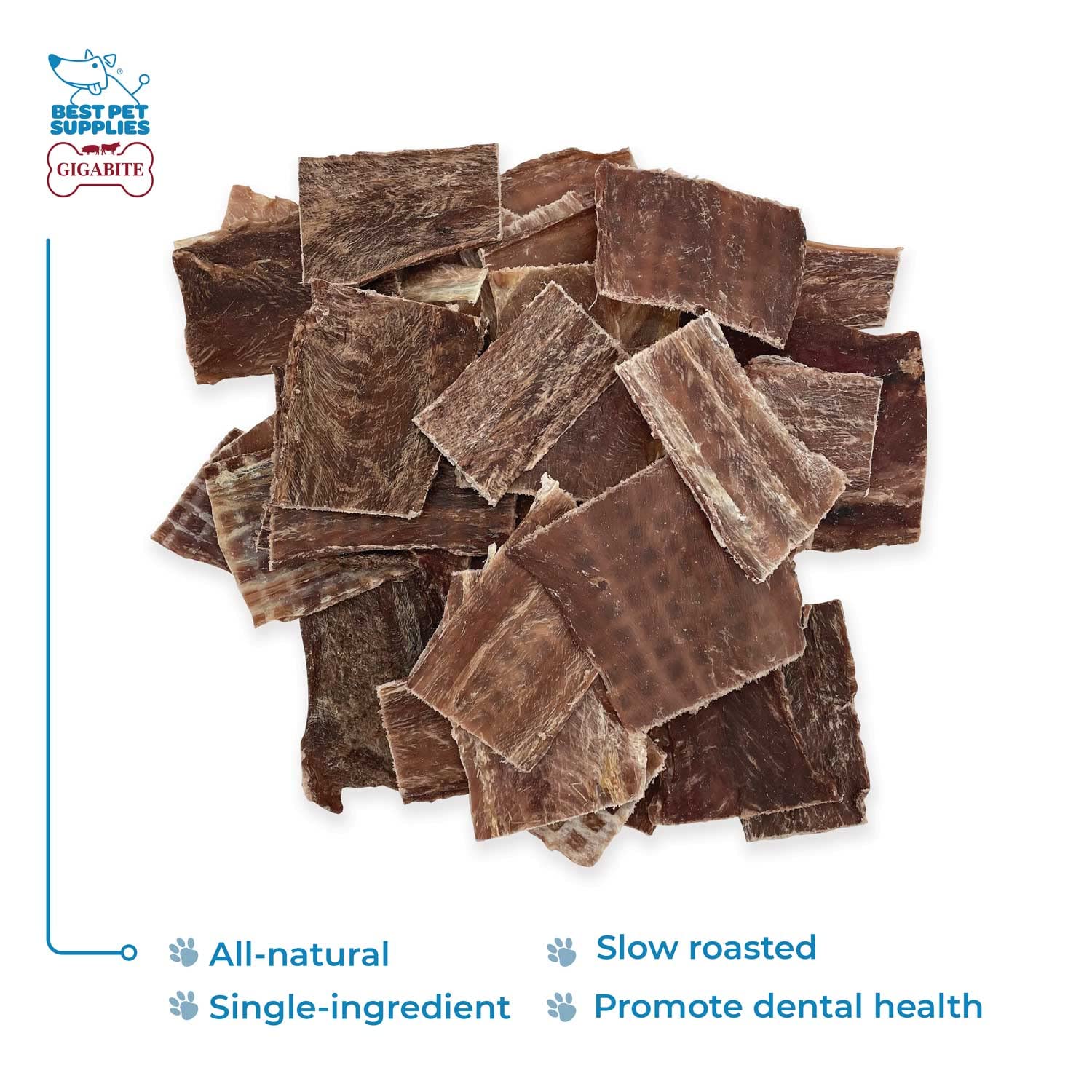 Closeup of Gigabite Beef Esophagus Sticks revealing chewy texture for dental-friendly treats.