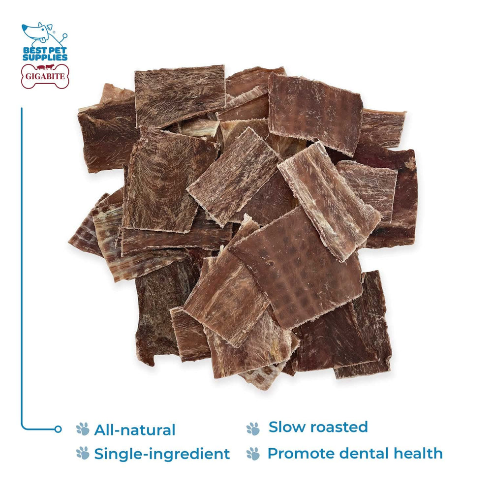 Closeup of Gigabite Beef Esophagus Sticks revealing chewy texture for dental-friendly treats.