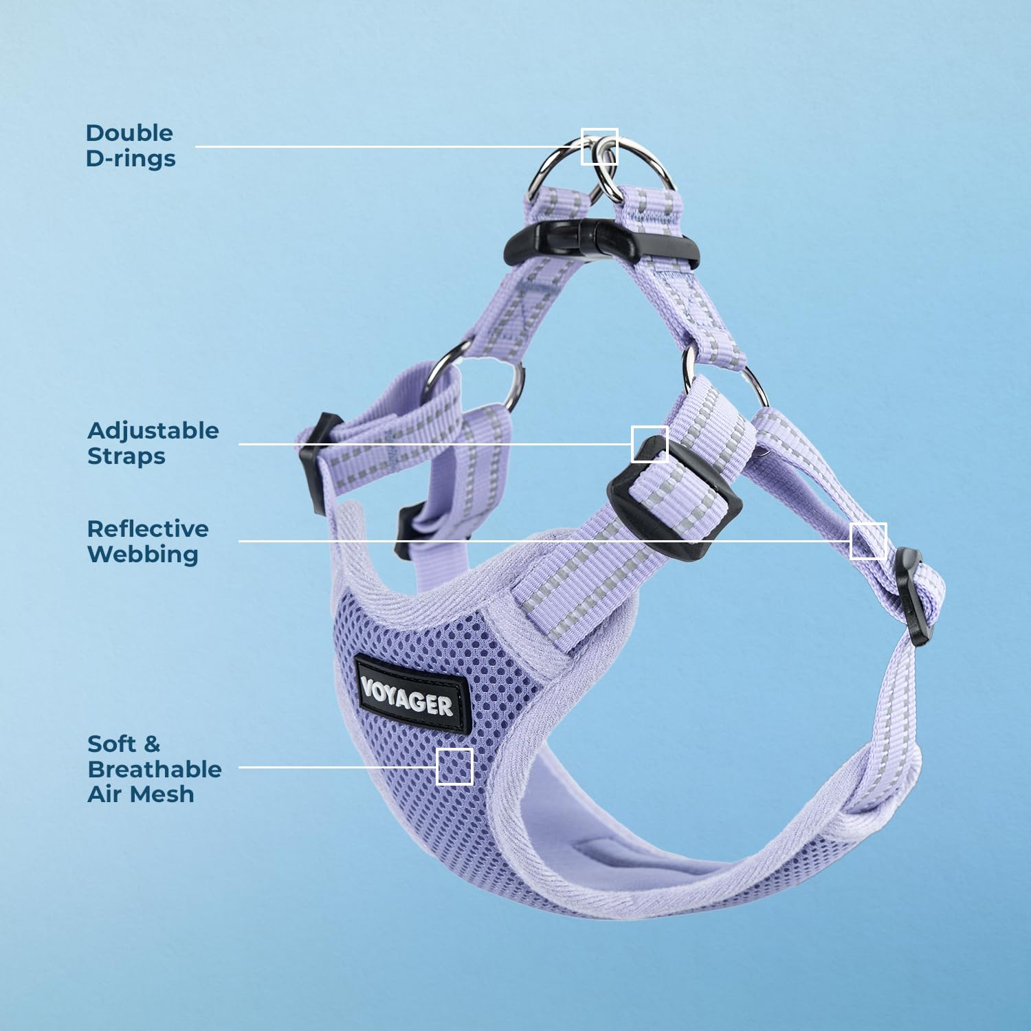 Breathable mesh Voyager harness in lavender keeps dogs cool during walks