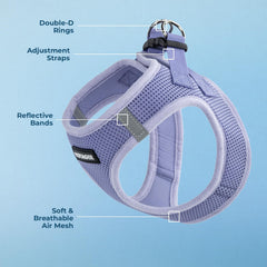 Best Pet Supplies Voyager lavender reflective harness back view indicates high visibility at dusk