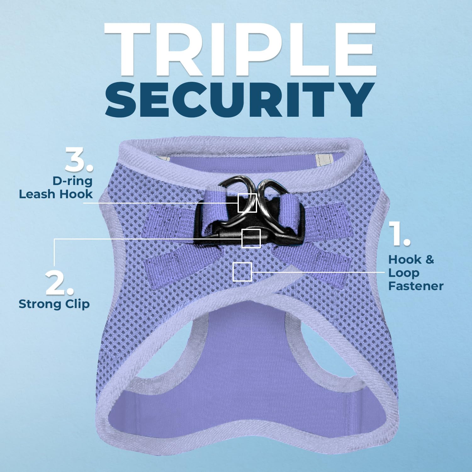 Best Pet Supplies Voyager lavender close-up shows secure buckle and D-rings for security.