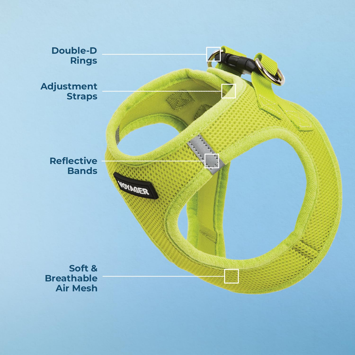 No-pull design highlighted on the Voyager harness for calm, controlled walks