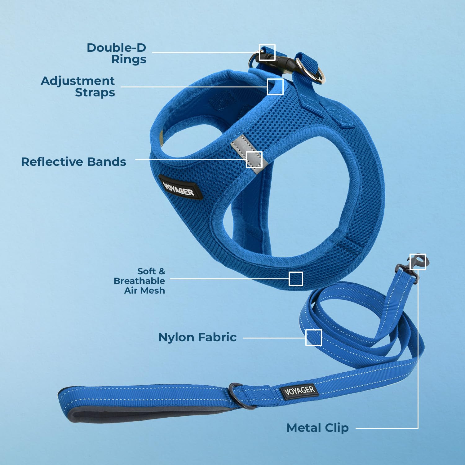 Voyager harness showing reflective bands for enhanced low-light visibility.