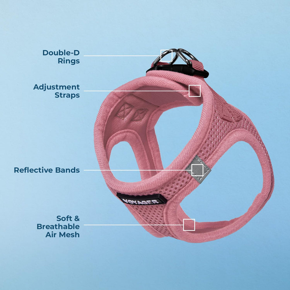 Voyager step-in harness with reflective bands for safer low-light walks.