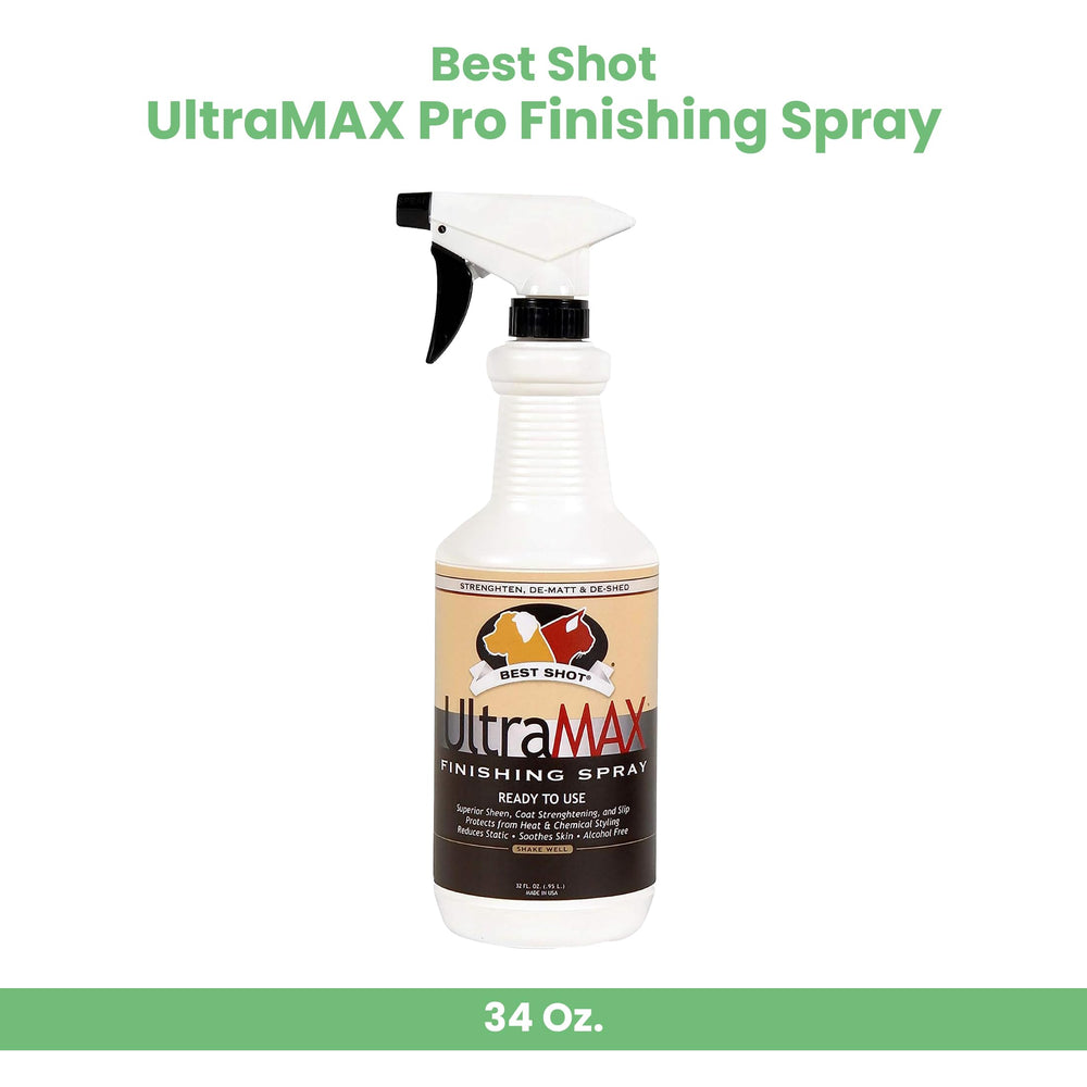 Best Shot UltraMAX Pro Finishing Spray applied on a dog coat for smooth brushing.