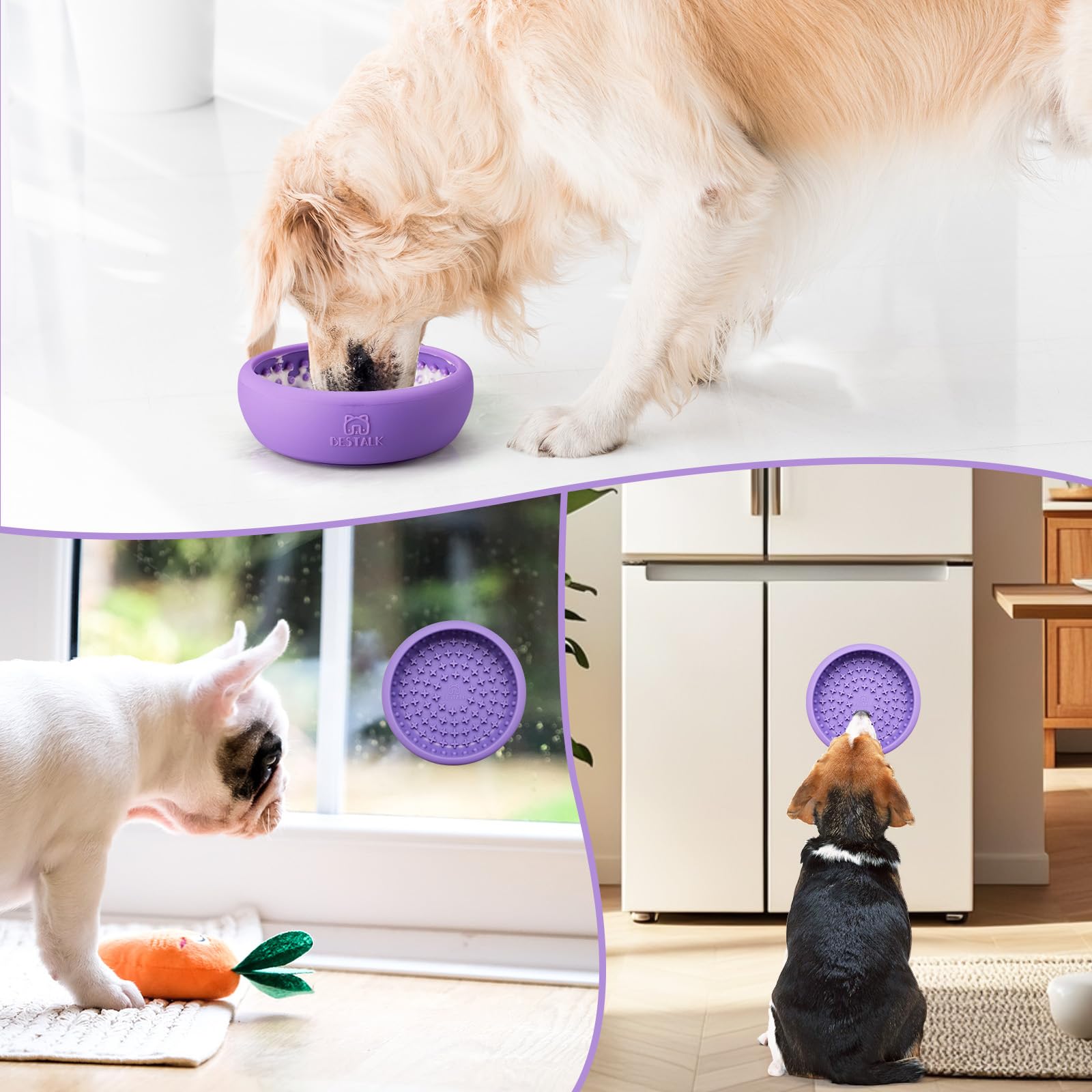 Bestalk dog lick bowl purple textured surface promotes saliva flow and dental hygiene.