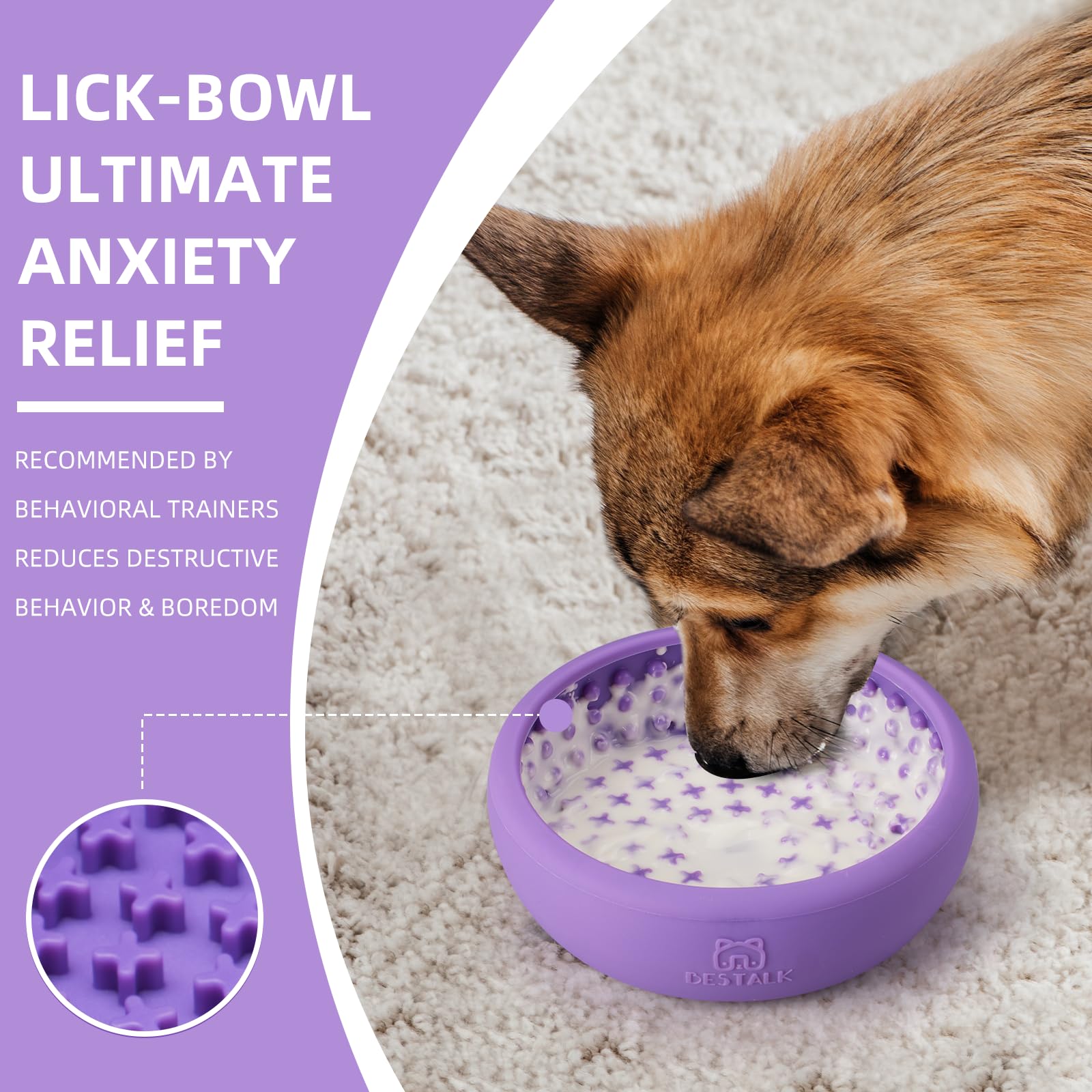 Bestalk dog lick bowl purple side view with non-slip base for mess-free feeding.