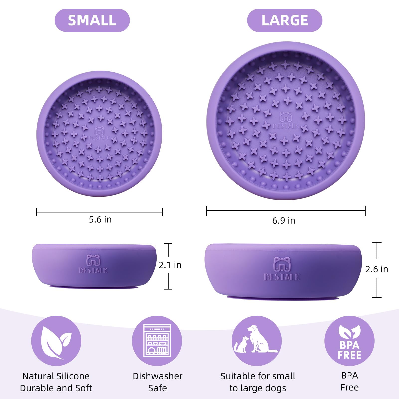 Bestalk dog lick bowl purple anti-slip base on silicone surface stays put during play.