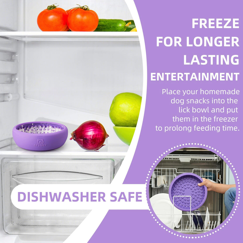 Bestalk dog lick bowl purple in-use with frozen treats for extended licking sessions.