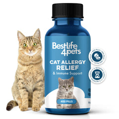 BestLife4Pets cat allergy relief bottle for easy daily immune support.
