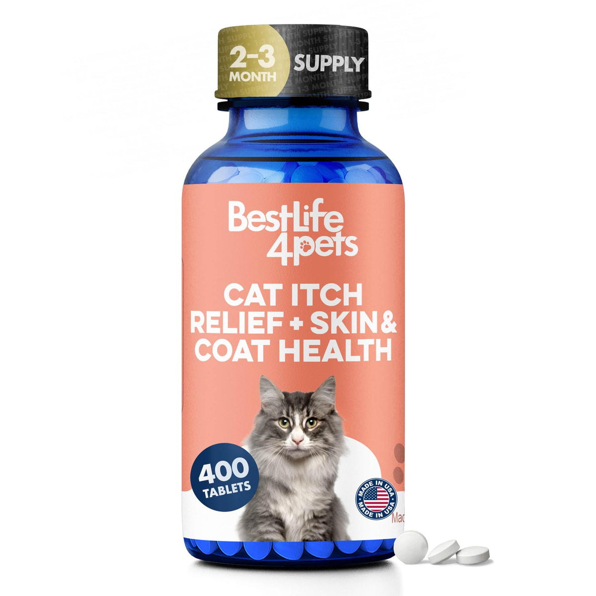 BestLife4Pets cat itchy skin relief bottle with easy-to-administer pills.