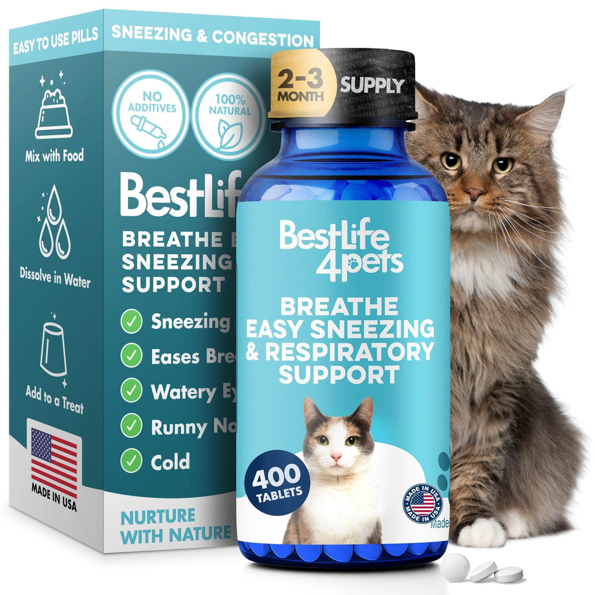 BestLife4Pets cat-respiratory-pill-pack on shelf for easy daily use.