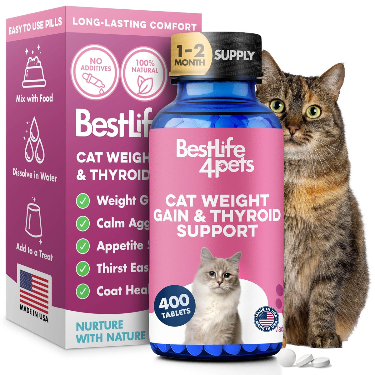 BestLife4Pets cat weight gainer bottle supports daily eating and coat health.