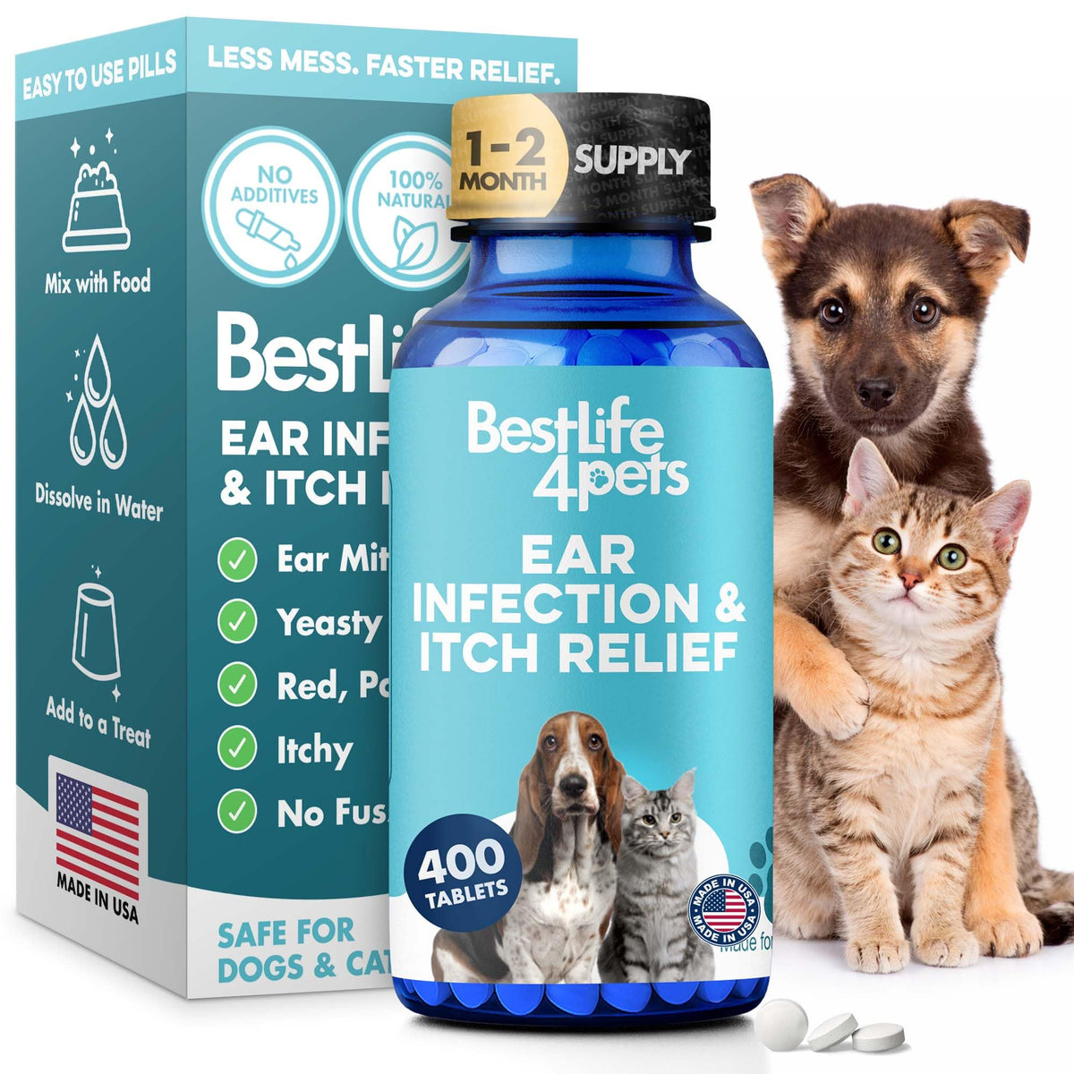 BestLife4Pets itch relief dog ear pills illustrate easy, bite-sized administration for dogs.