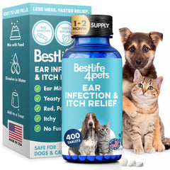 BestLife4Pets itch relief dog ear pills illustrate easy, bite-sized administration for dogs.