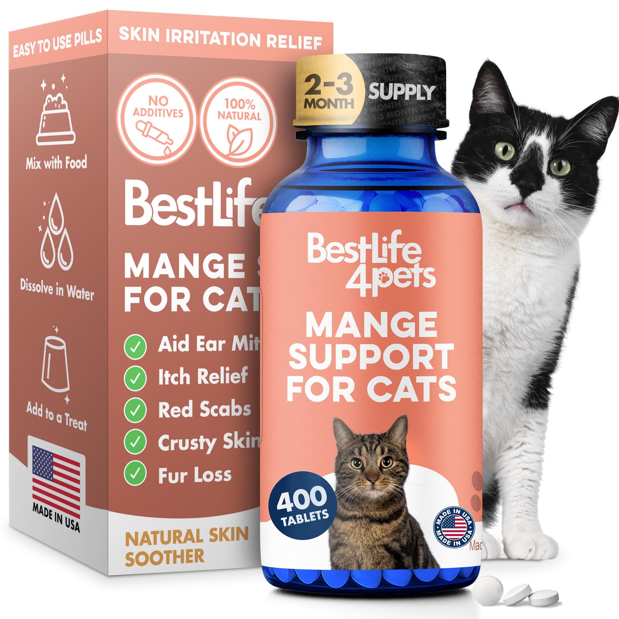 BestLife4Pets mange support pills, relief for cat itchy skin and discomfort.
