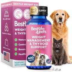 BestLife4Pets Weight & Thyroid Support bottle with pills boosts metabolism naturally