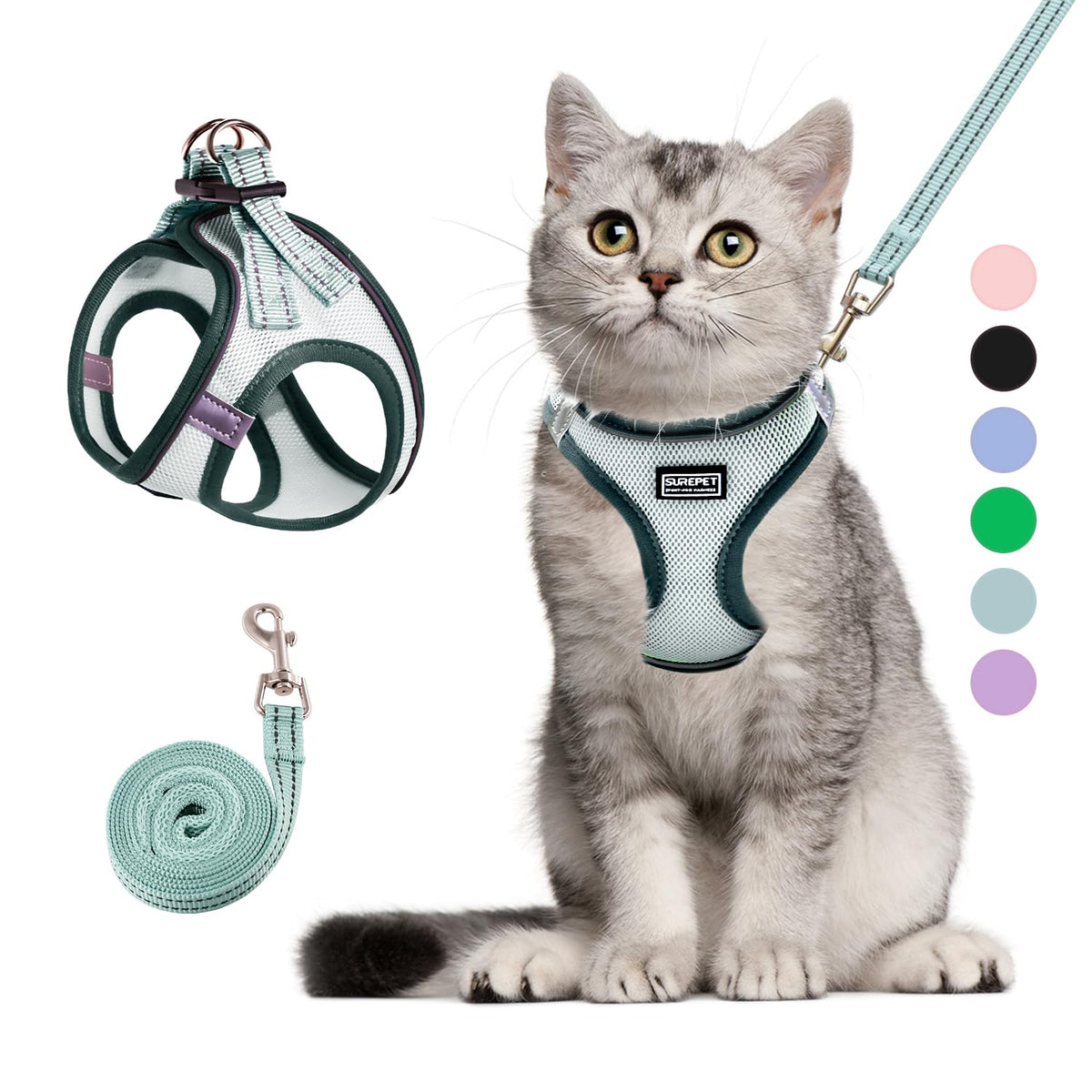Betmaypet cat harness light green size S ready for outdoor walks.
