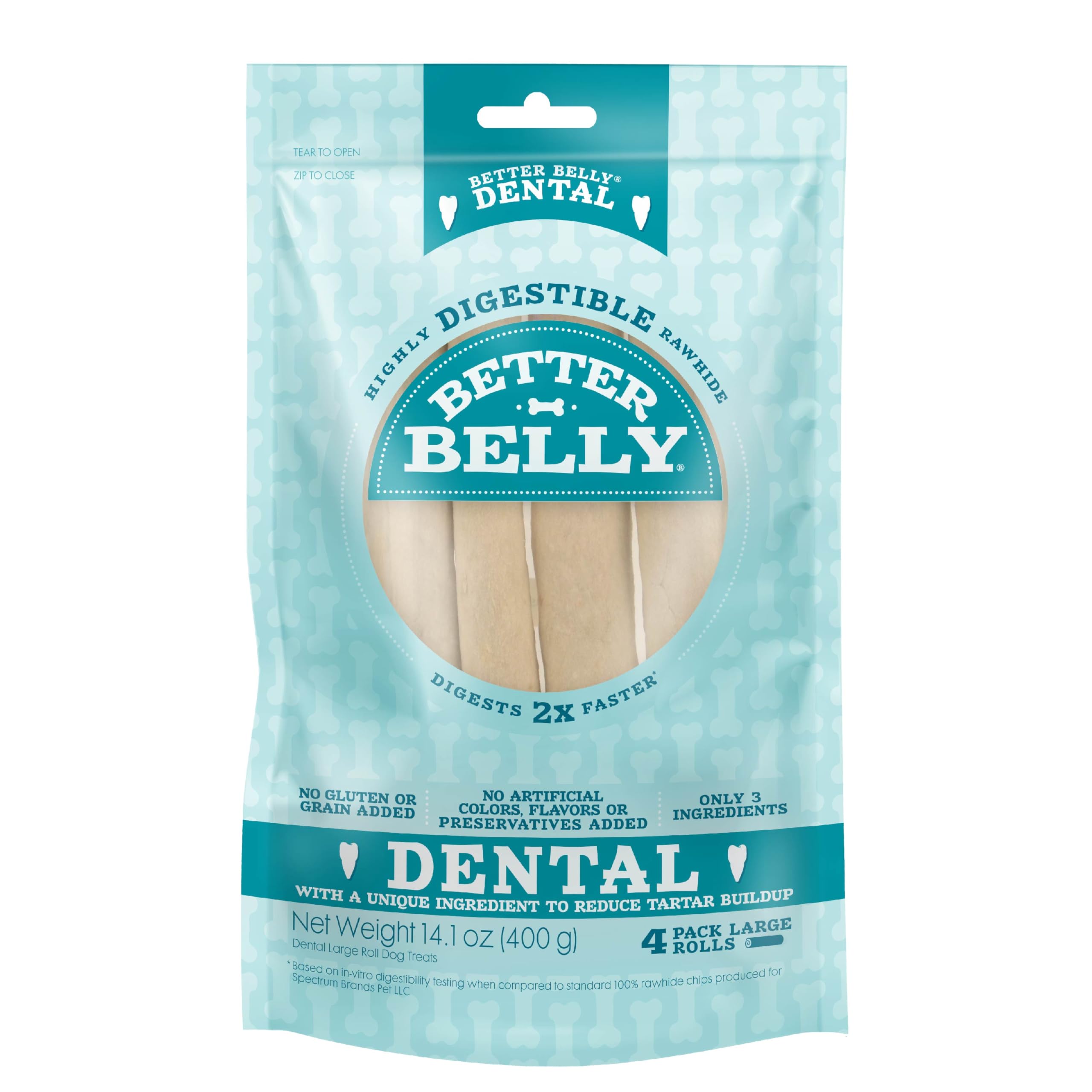Better Belly Dental Roll small pack shown, supports easy daily chewing for dogs.