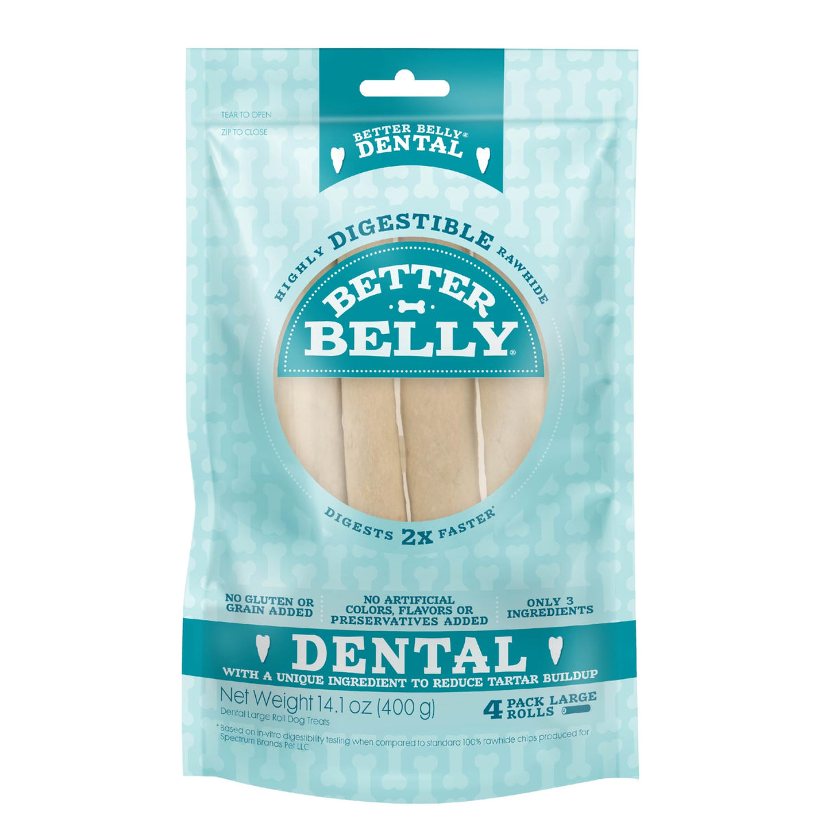 Better Belly Dental Roll small pack shown, supports easy daily chewing for dogs.