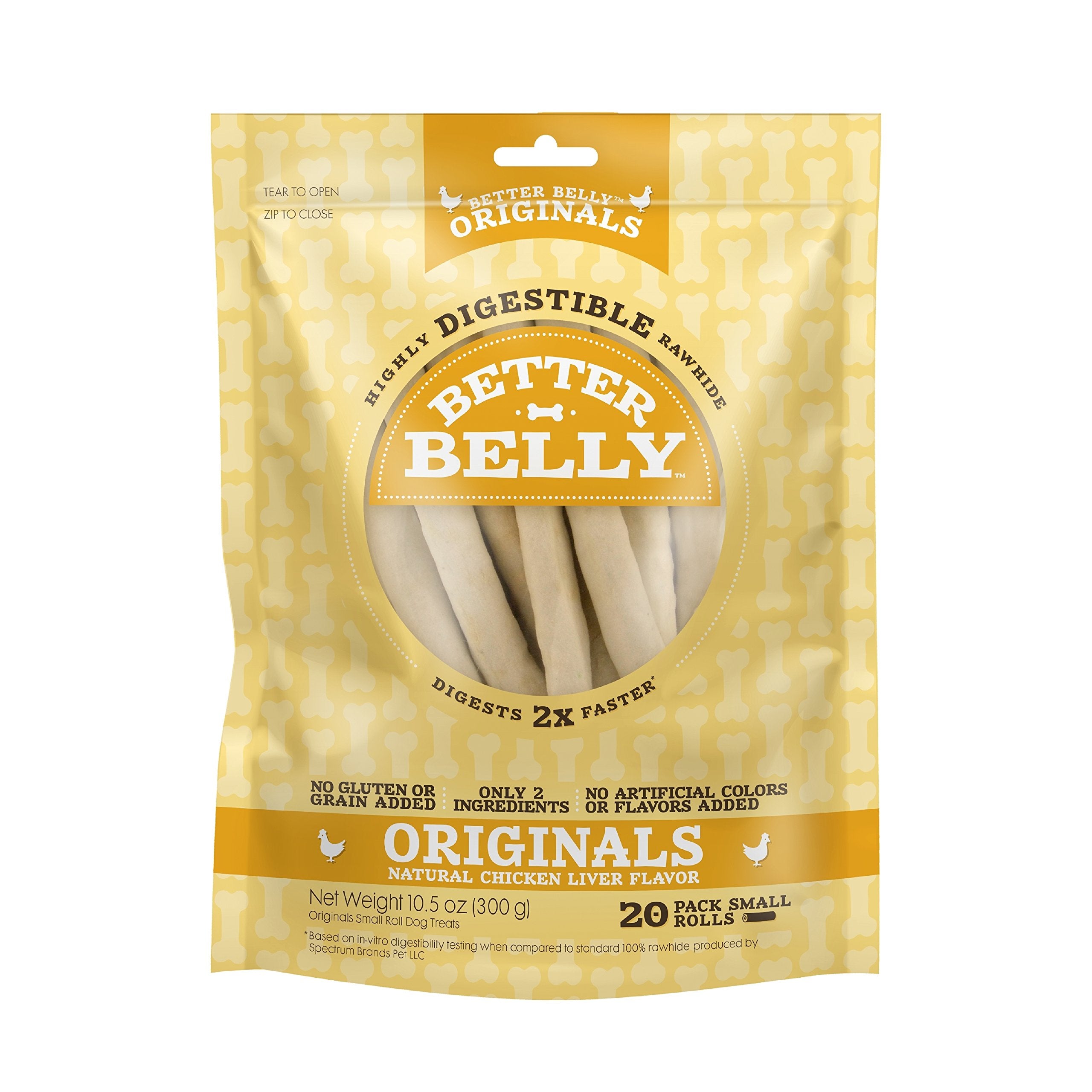 Better Belly Originals chicken liver small rolls pack shot, a digestible chew for dogs.