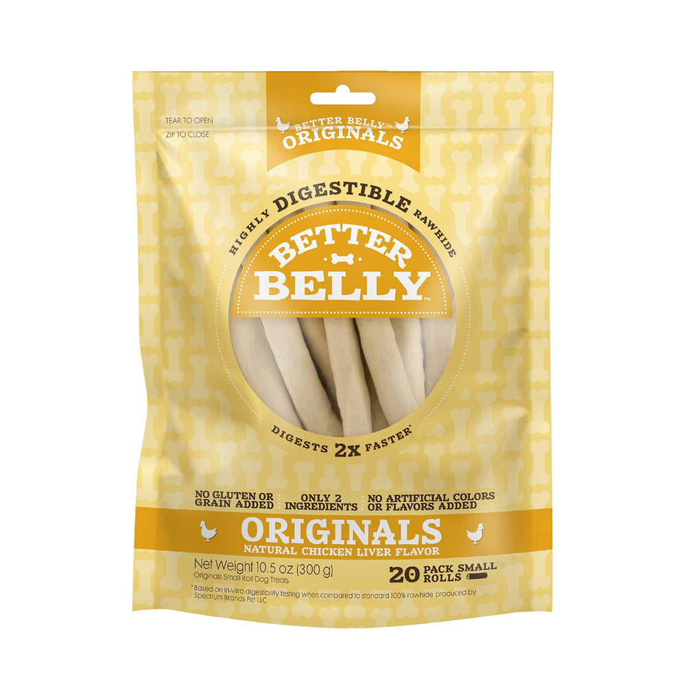 Better Belly Originals chicken liver small rolls pack shot, a digestible chew for dogs.