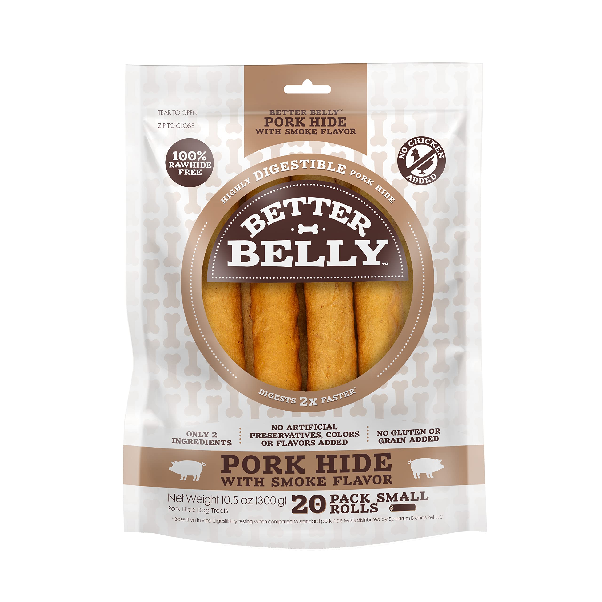 Better Belly pork hide roll with smoke flavor in pack front, easy on digestion.
