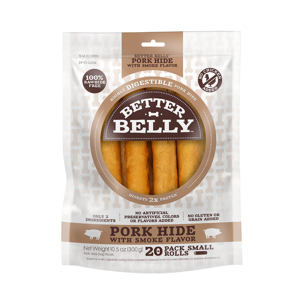 Better Belly pork hide roll with smoke flavor in pack front, easy on digestion.