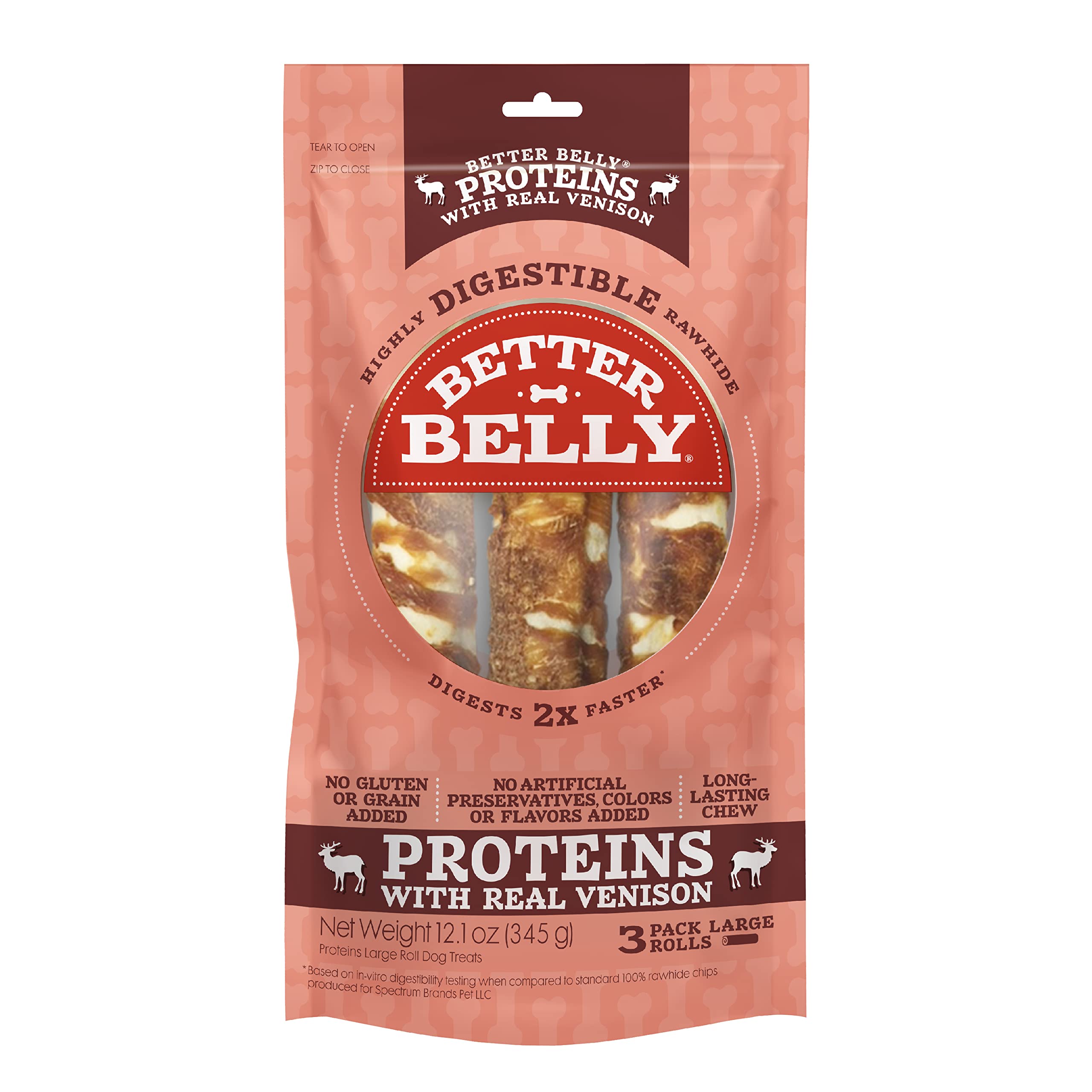 Digestible chew section of Better Belly Venison Rolls highlighted for dogs