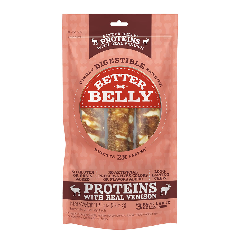 Digestible chew section of Better Belly Venison Rolls highlighted for dogs