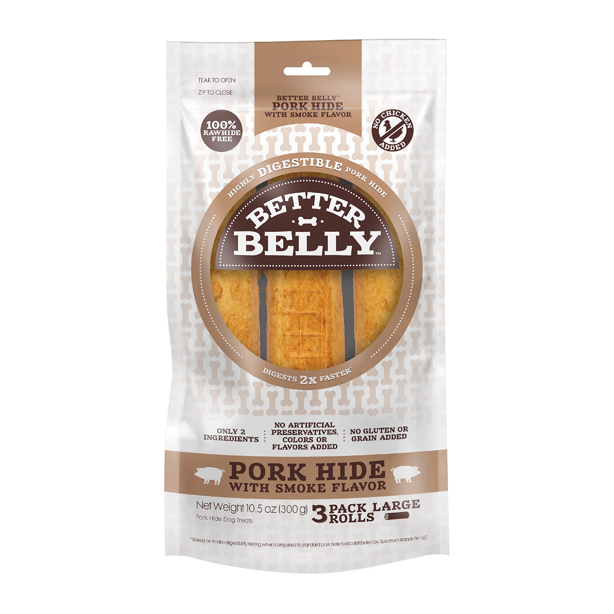 Better Belly Rawhide Large Roll Chews pack front, three highly digestible chews for dogs.