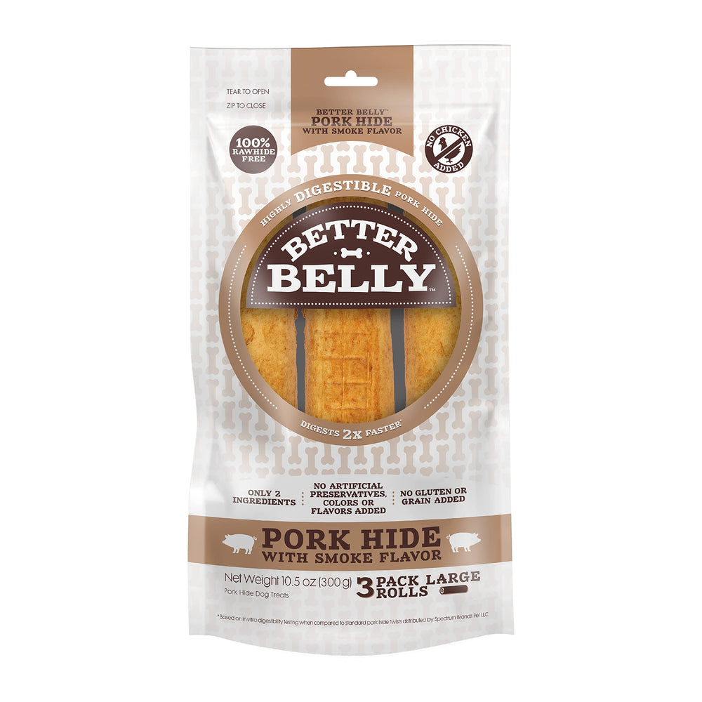 Better Belly Rawhide Large Roll Chews pack front, three highly digestible chews for dogs.