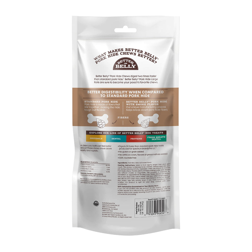 Better Belly Rawhide Large Roll Chews texture close-up highlighting fiber breakdown for easier chewing.