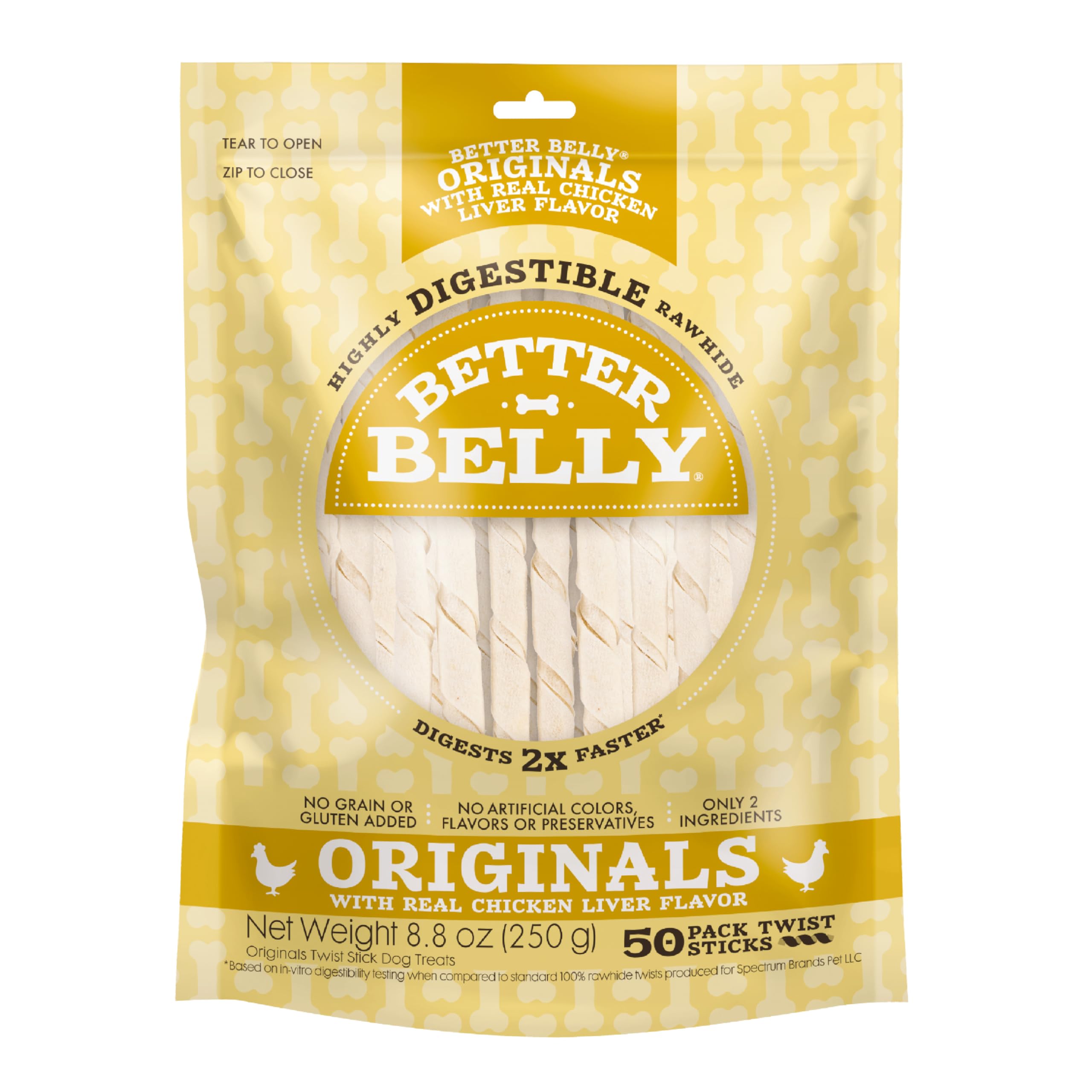 Better Belly Twists chicken liver pack shows a savory, digestible chew for dogs