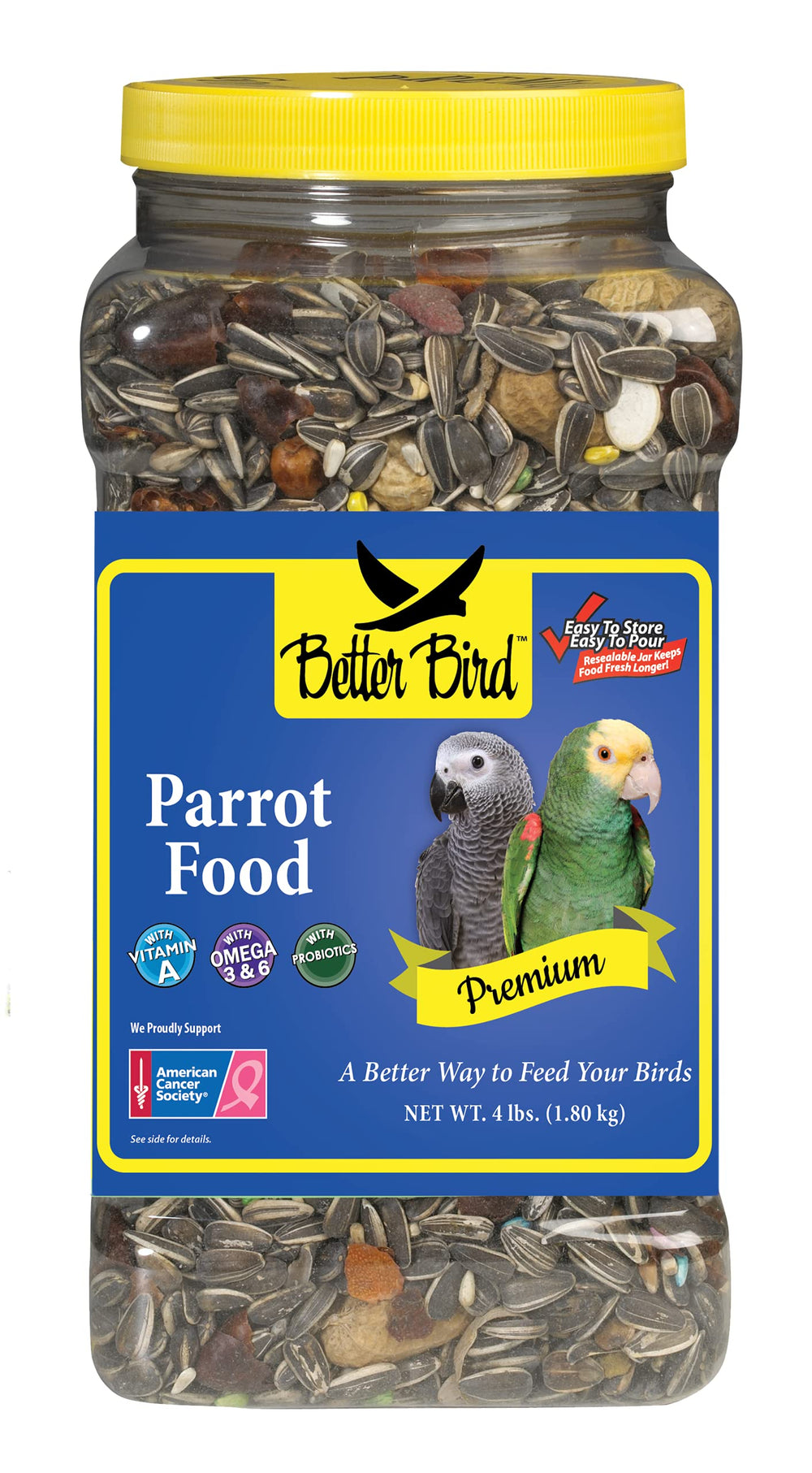 Better Bird premium parrot food jar with 4 lb quantity for balanced nutrition.