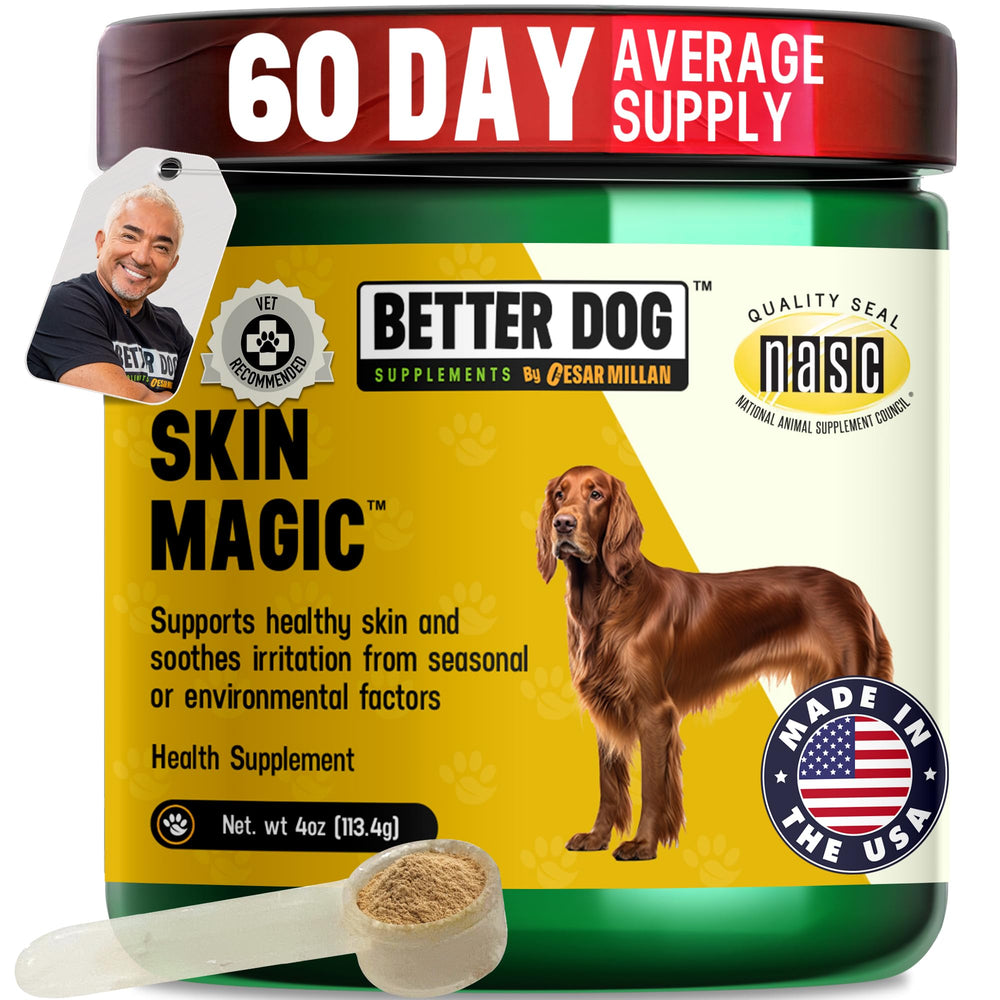 Better Dog Supplements by Cesar Millan Skin Magic bottle being poured for daily coat care
