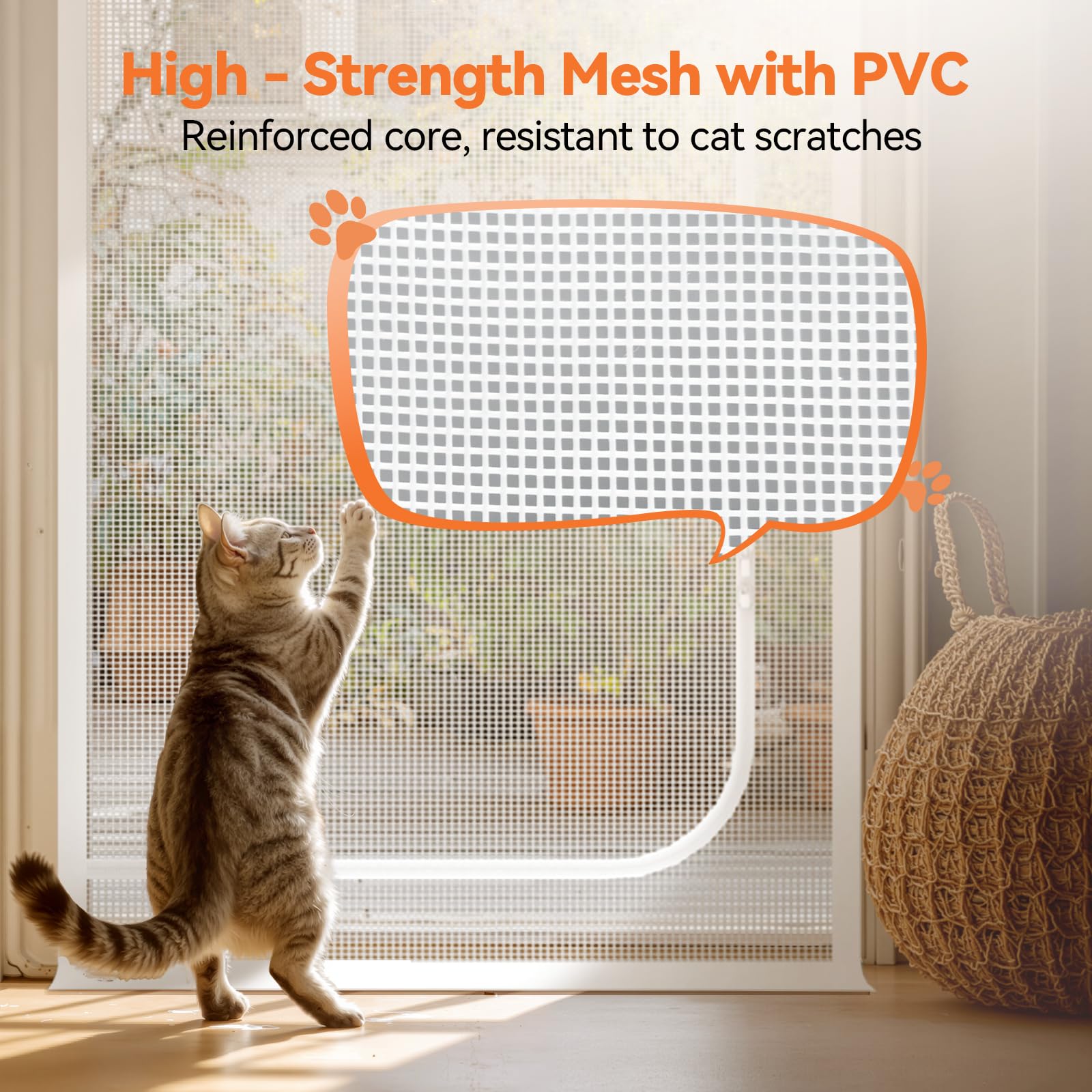 BFNN Cat Screen Door installed on frame with secure Velcro attachment.