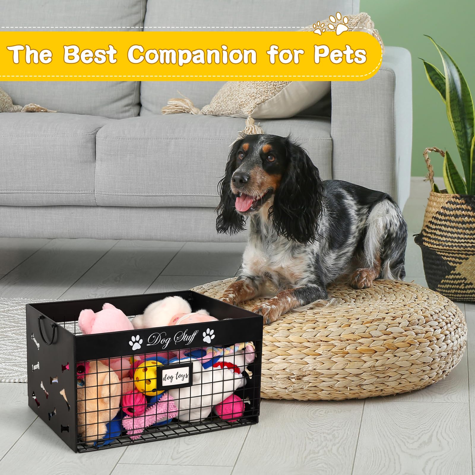 Bfttlity dog toy bin living room setup blending with modern interior.