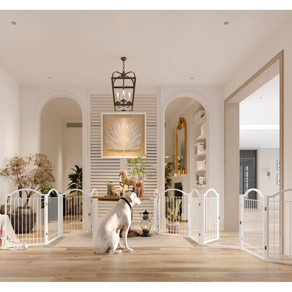 BHG accordion dog gate with 360-degree hinges for flexible layouts.
