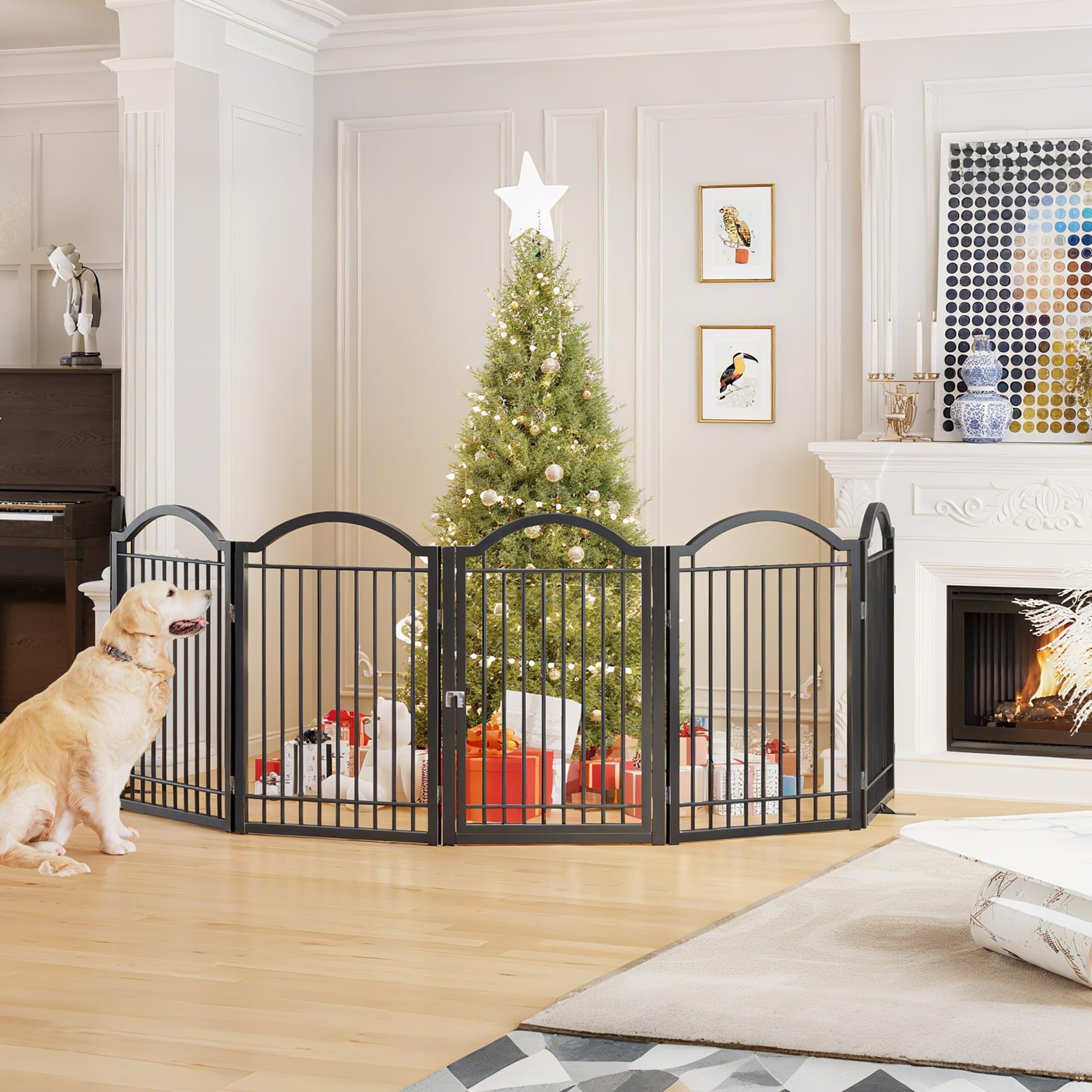 BHG freestanding pet gate shown in hallway with two support poles for stability.