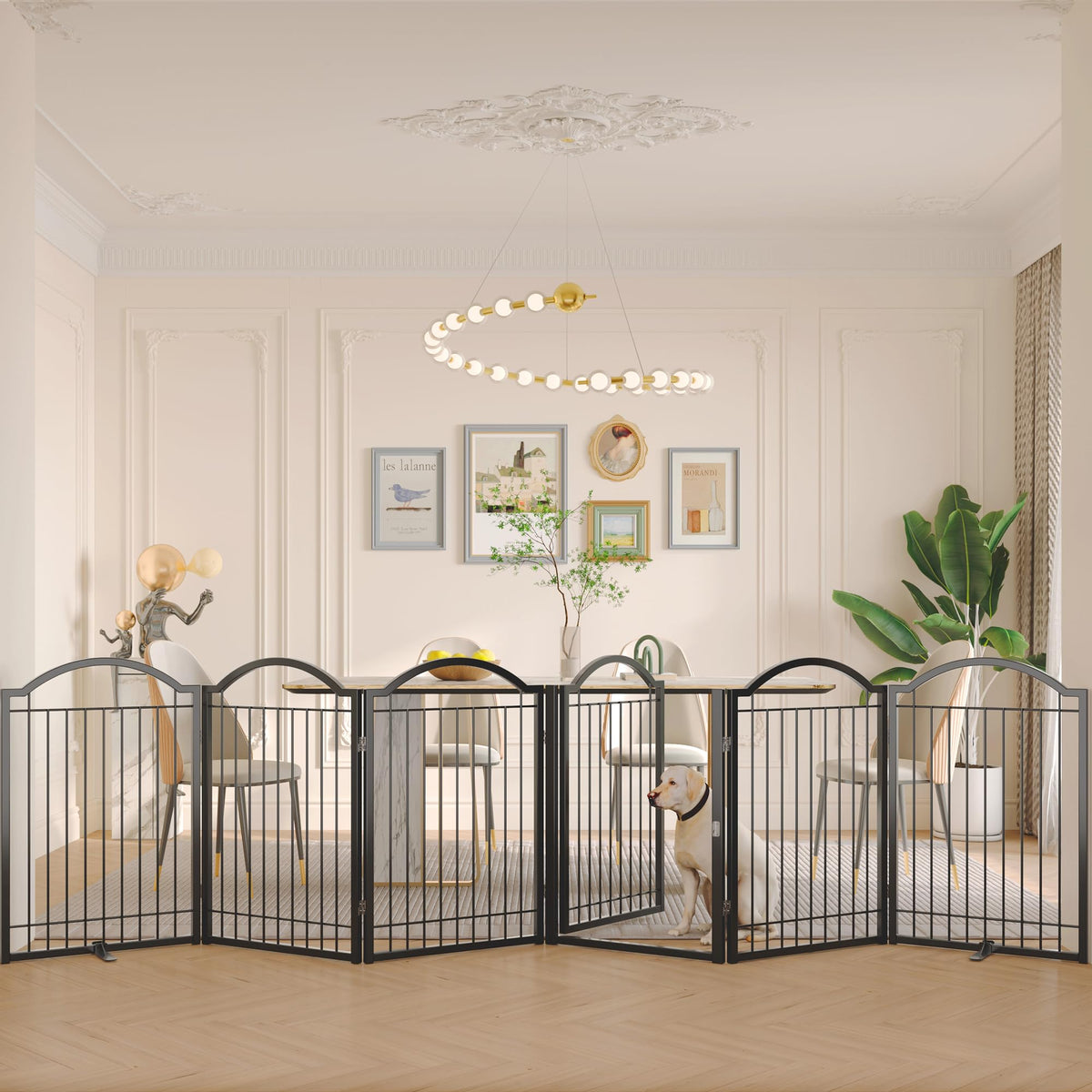 BHG metal no-assembly dog gate with six panels provides sturdy freestanding barrier.