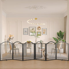 BHG metal no-assembly dog gate with six panels provides sturdy freestanding barrier.