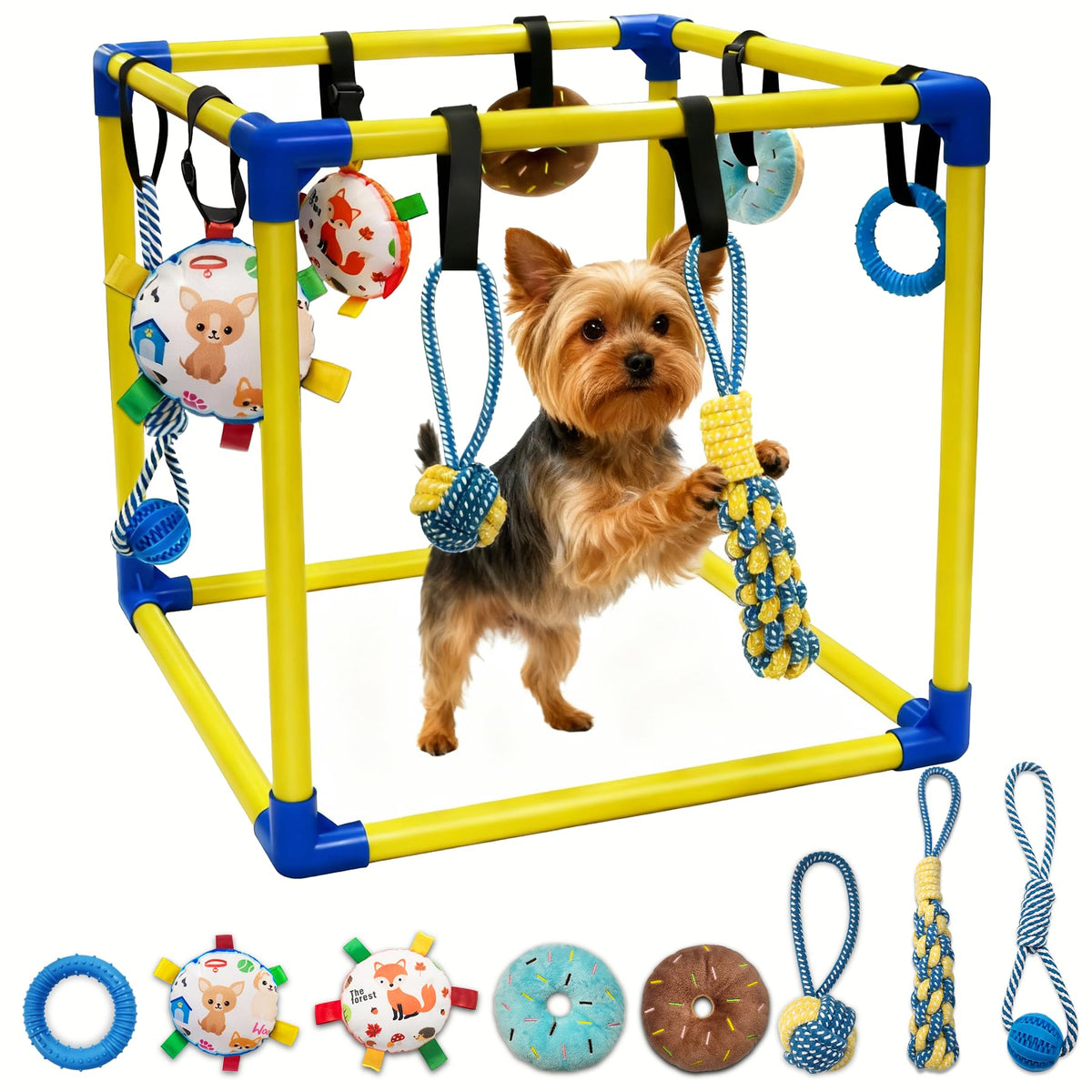Bhyhok Puppy Play Gym with eight hanging toys for engaging indoor play and teething-friendly fun