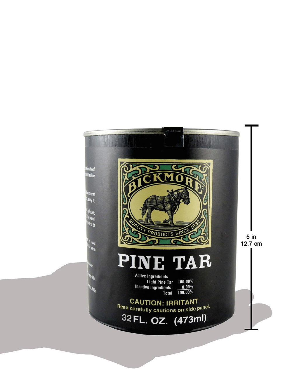 Label on Bickmore Pine Tar 32oz bottle highlighting USA-made quality