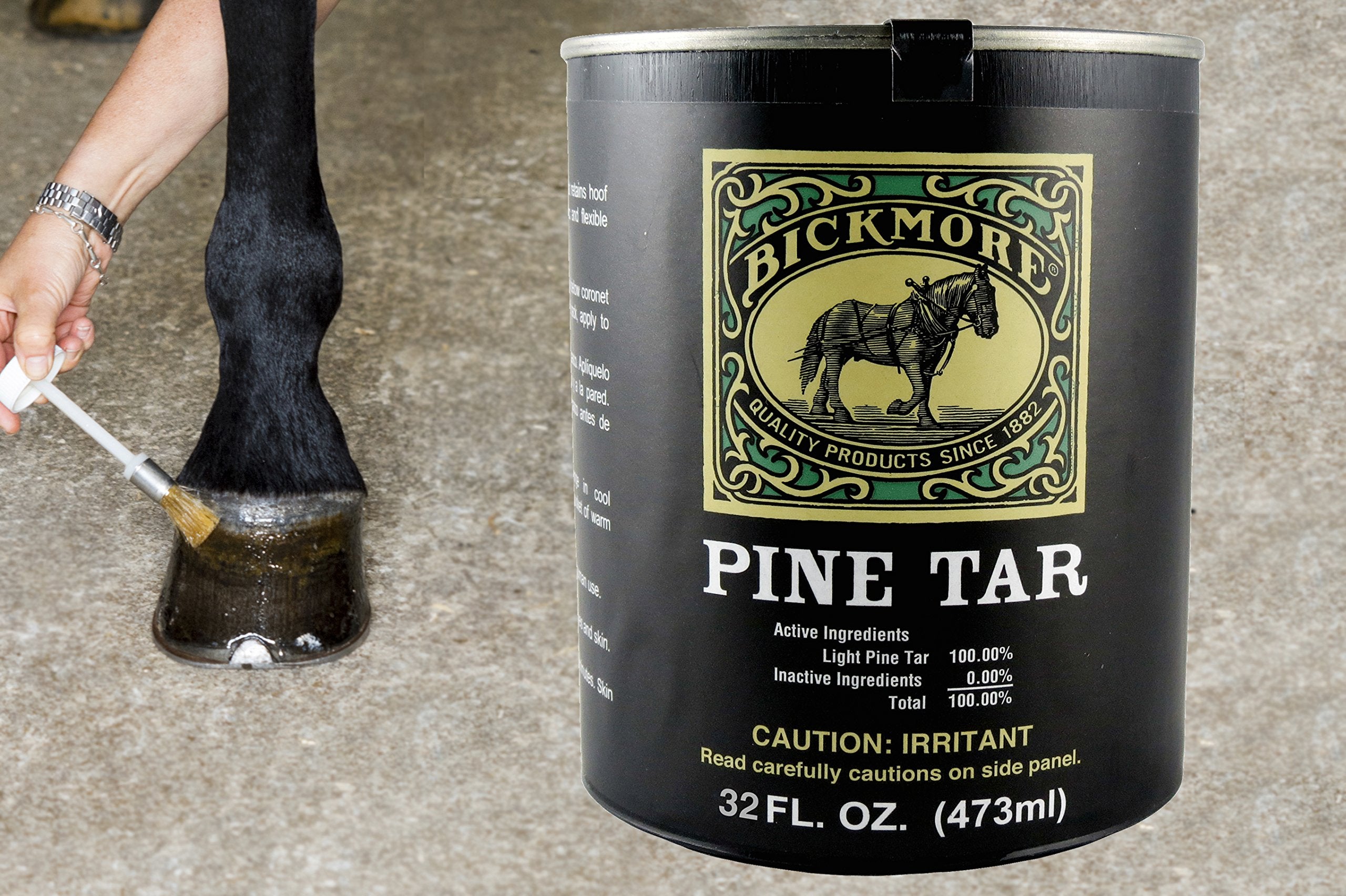 Bickmore Pine Tar applied to a horse hoof for moisture and protection.
