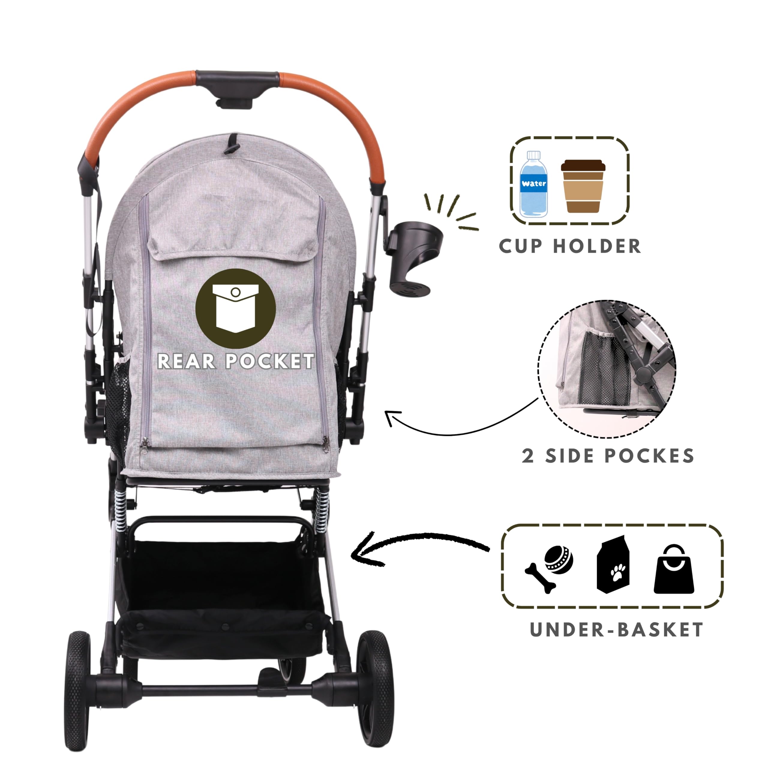 Bicystar pet stroller cup holder and pockets for convenient items
